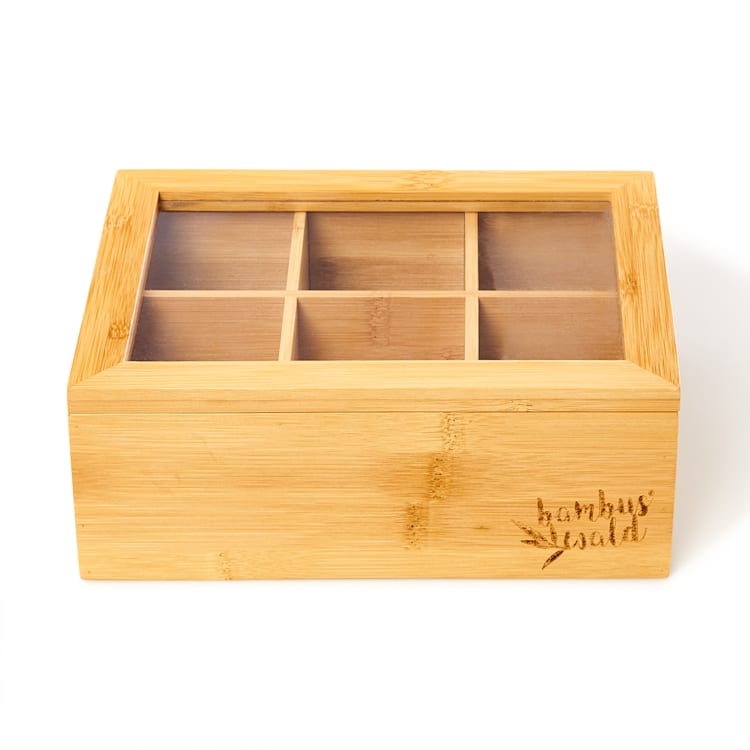 Caja para té 6 compartimentos 90 bolsitas de té Ventanilla de plástico Bambú 6 compartimentos