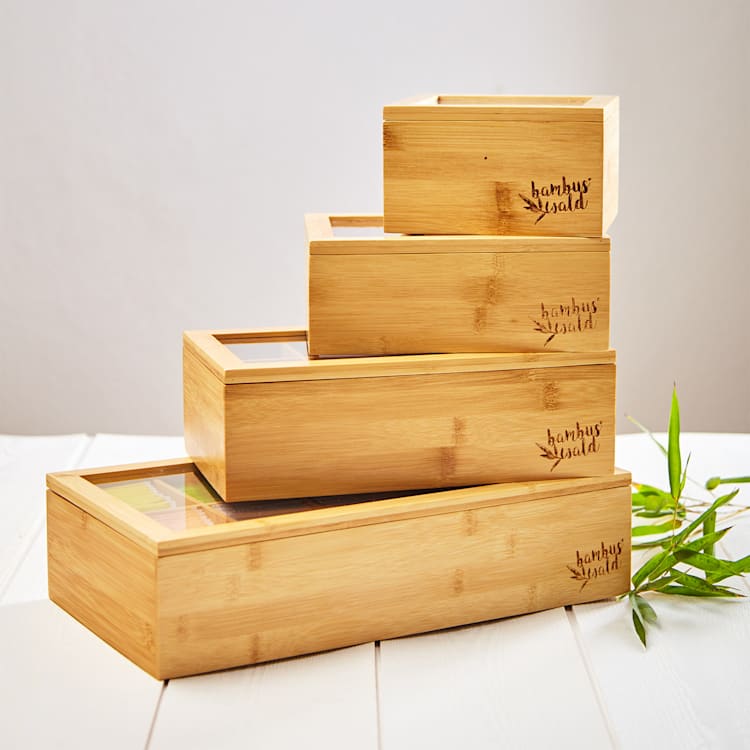 Caja para té 6 compartimentos 90 bolsitas de té Ventanilla de plástico Bambú 6 compartimentos