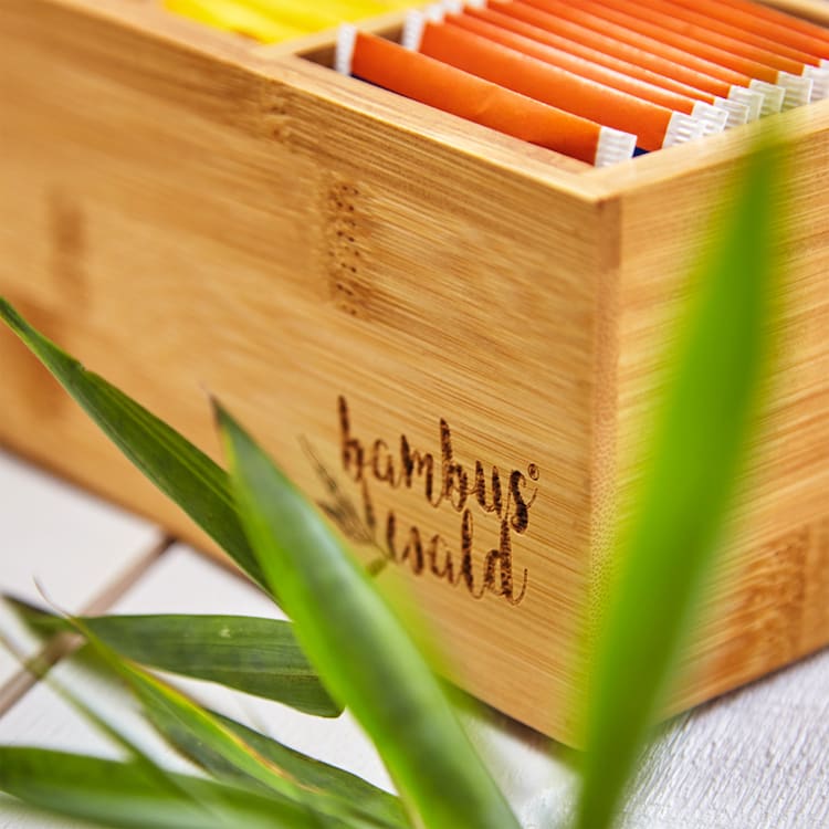 Caja para té 6 compartimentos 90 bolsitas de té Ventanilla de plástico Bambú 6 compartimentos
