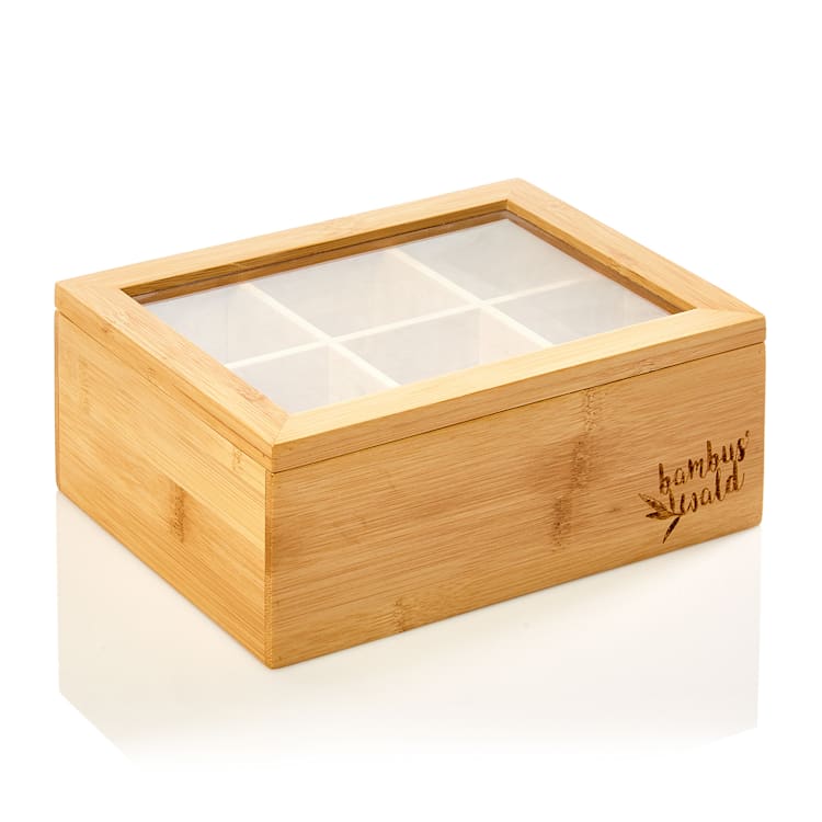 Caja para té 6 compartimentos 90 bolsitas de té Ventanilla de plástico Bambú 6 compartimentos
