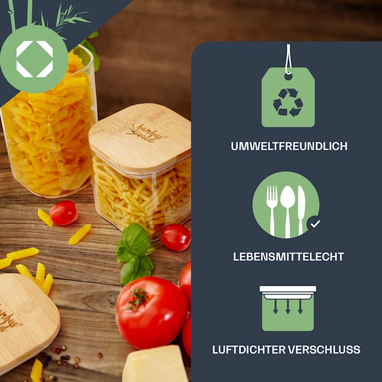 Eckiges Glas mit Bambusdeckel luftdicht mit Silikonring 10x16x10 cm 1200 ml 1200 ml