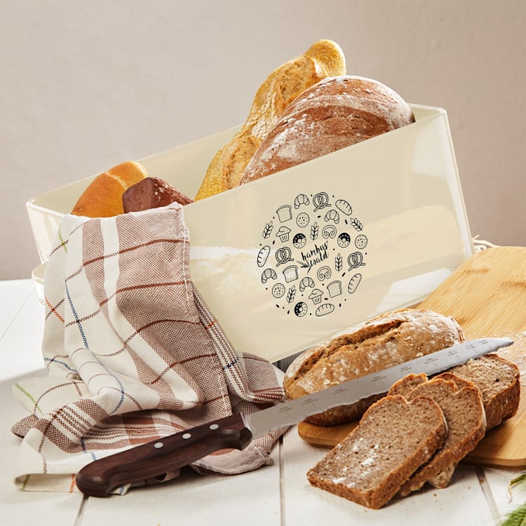Gistad Brotbox Metallblech Bambusdeckel 44 x 16 x 21 cm (BxHxT) rechteckig Beige