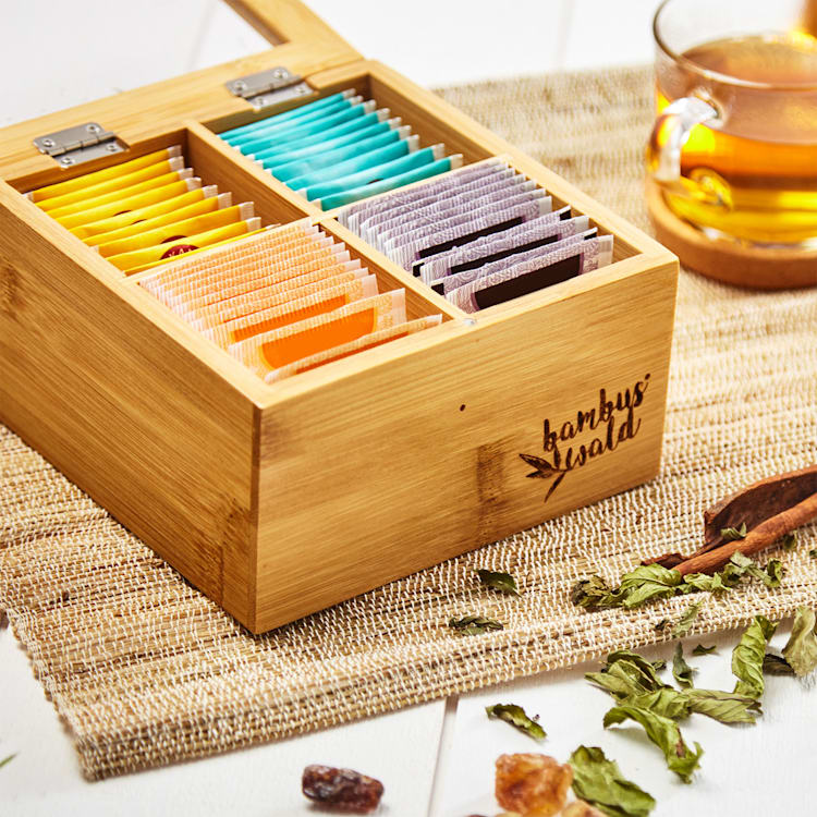 Caja para té 4 compartimentos 60 bolsitas de té Ventanilla de plástico Bambú 4 compartimentos