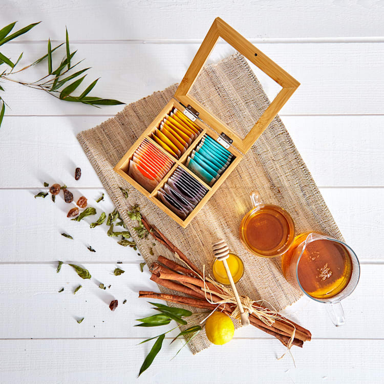 Caja para té 4 compartimentos 60 bolsitas de té Ventanilla de plástico Bambú 4 compartimentos