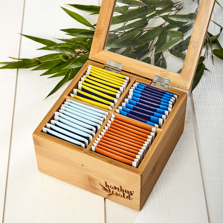 Caja para té 4 compartimentos 60 bolsitas de té Ventanilla de plástico Bambú 4 compartimentos