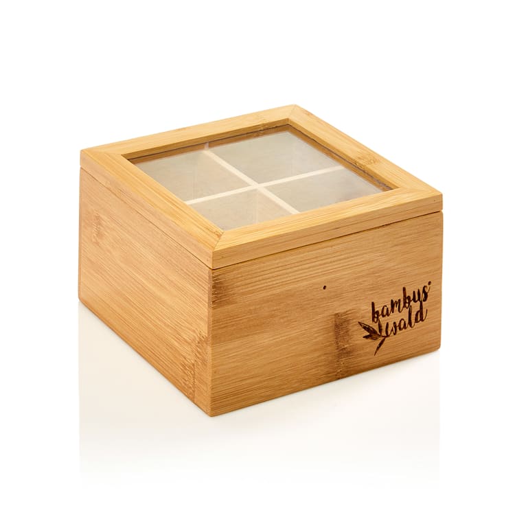 Caja para té 4 compartimentos 60 bolsitas de té Ventanilla de plástico Bambú 4 compartimentos