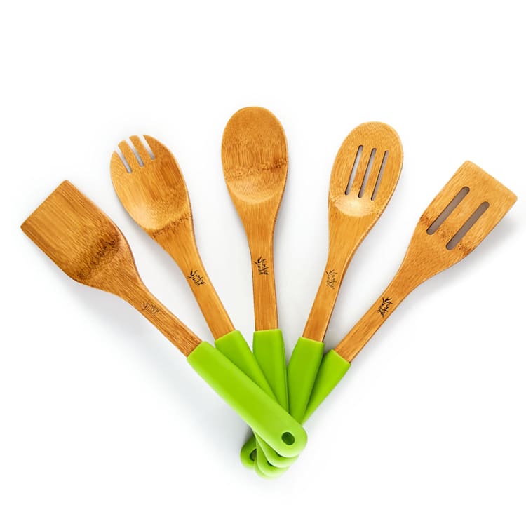 Ustensile de bucătărie, set de 5 bucăți, mânere din silicon, durabile, din bambus