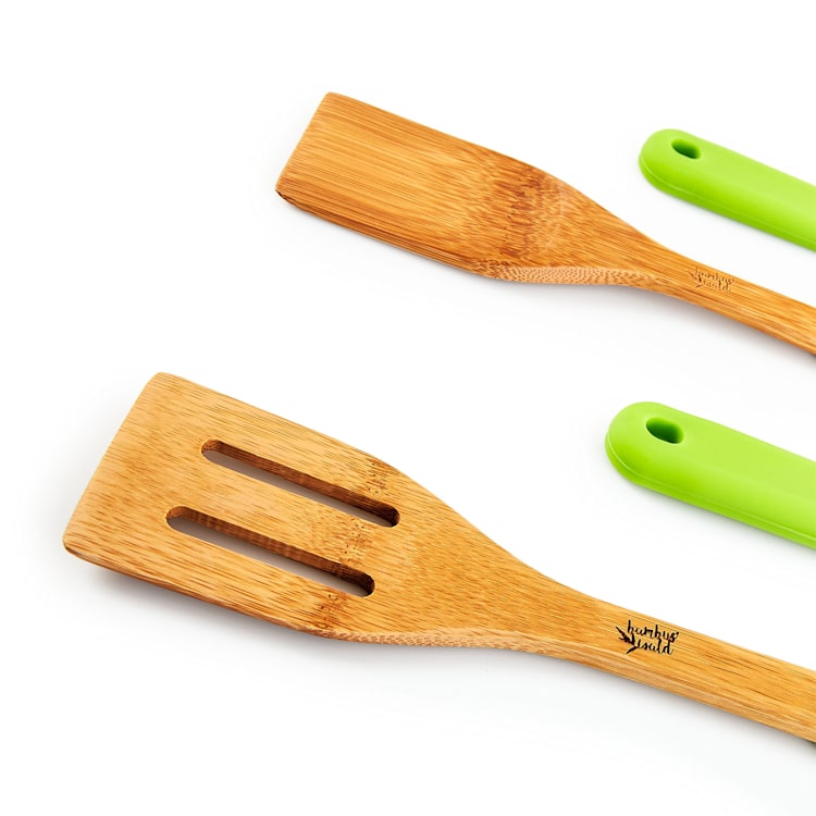 Ustensile de bucătărie, set de 5 bucăți, mânere din silicon, durabile, din bambus