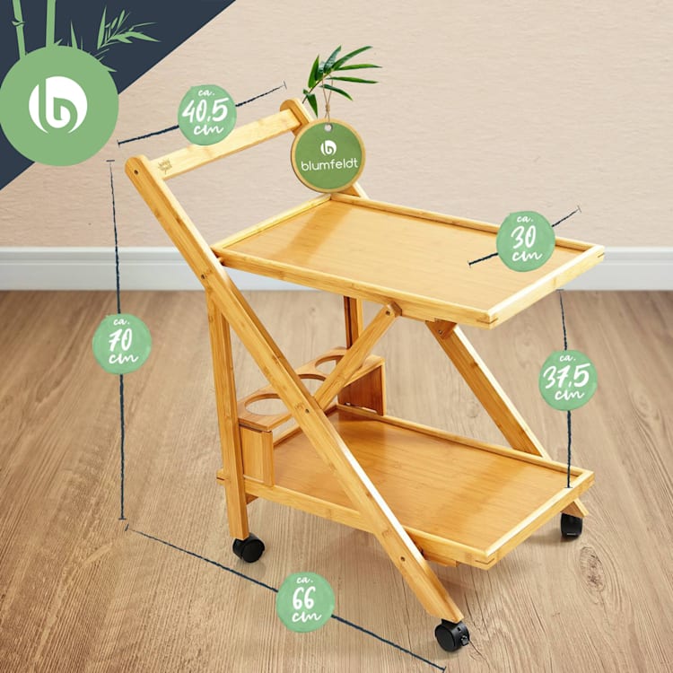 Servierwagen 2 Etagen 4 Rollen 66x70x40,5cm (BxHxT) Bambus