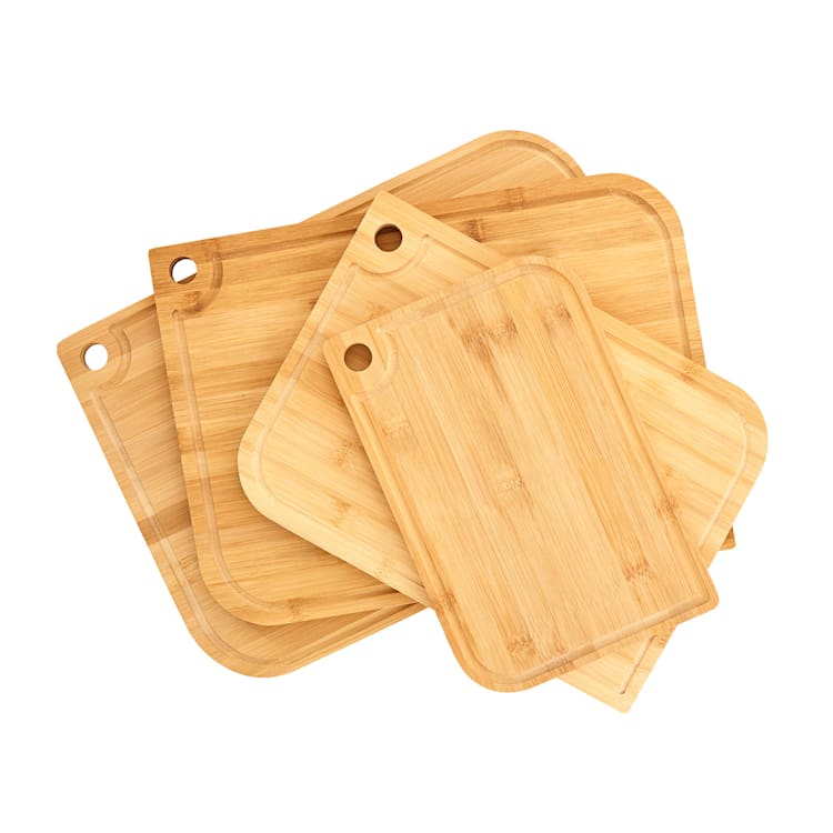 Planche à découper Batvik lot de 4, couteaux protégés, rainure à jus, bambou