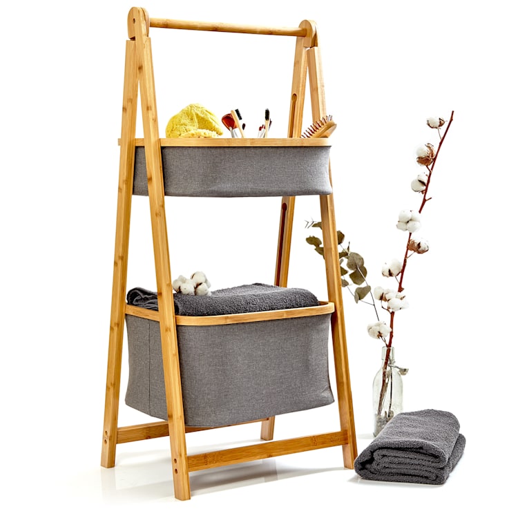 Étagère de salle de bain avec 2 paniers 2 niveaux bambou pliante