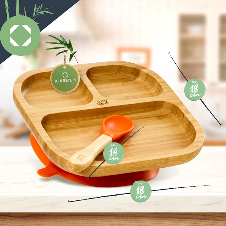 Vajilla infantil con plato de bambú y cuchara 250 ml incl. ventosa 18 x 18 cm Naranja