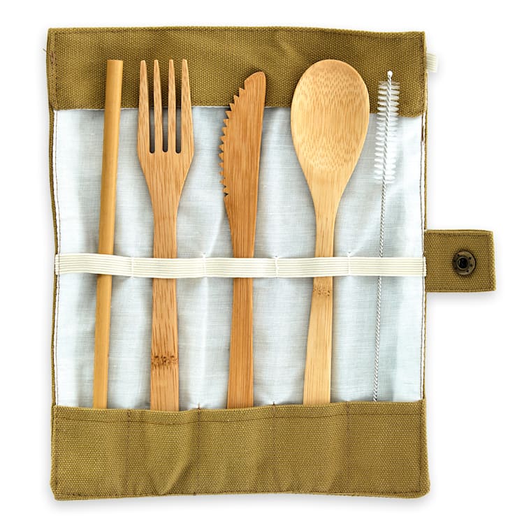 Reisebesteck in brauner Tasche 5-teilig zusammenrollbar Bambus