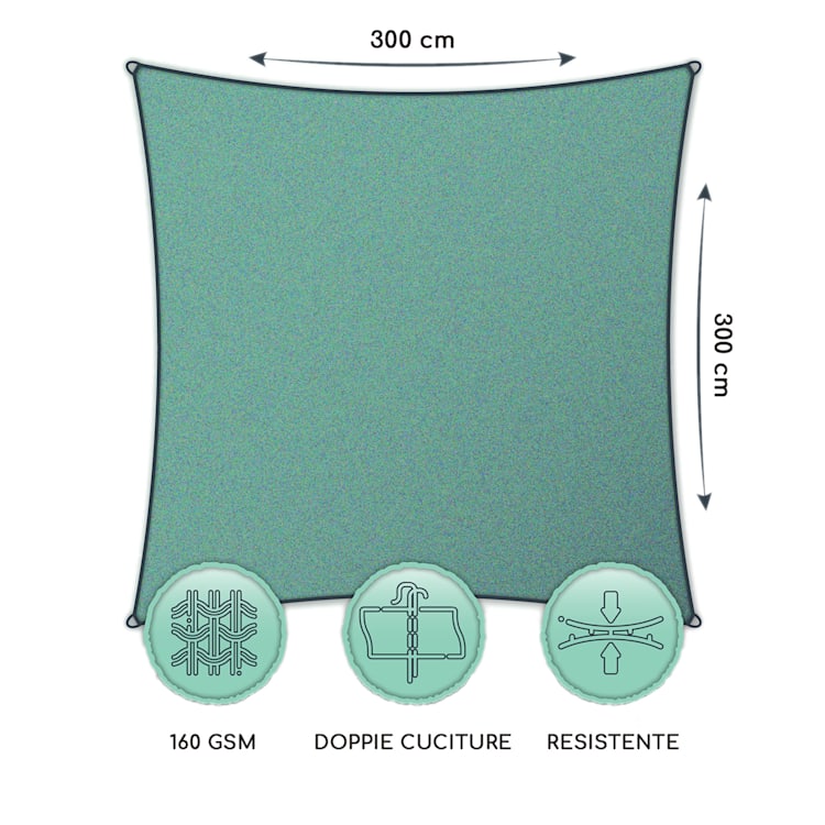Vela parasole quadrata 3 x 3 m poliestere permeabile all'aria