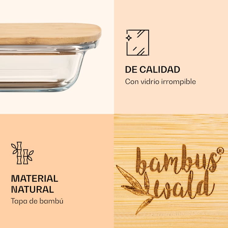 Caja de rebanar con tapa 1,6 litros Juego de 2 de cristal de bambú resistente al calor 1600 ml