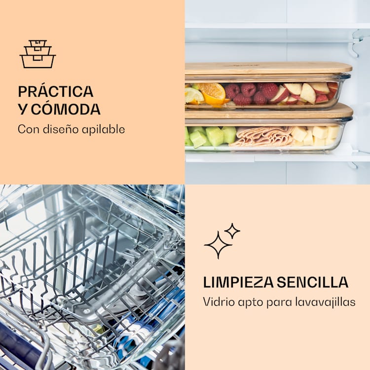 Caja de rebanar con tapa 1,6 litros Juego de 2 de cristal de bambú resistente al calor 1600 ml