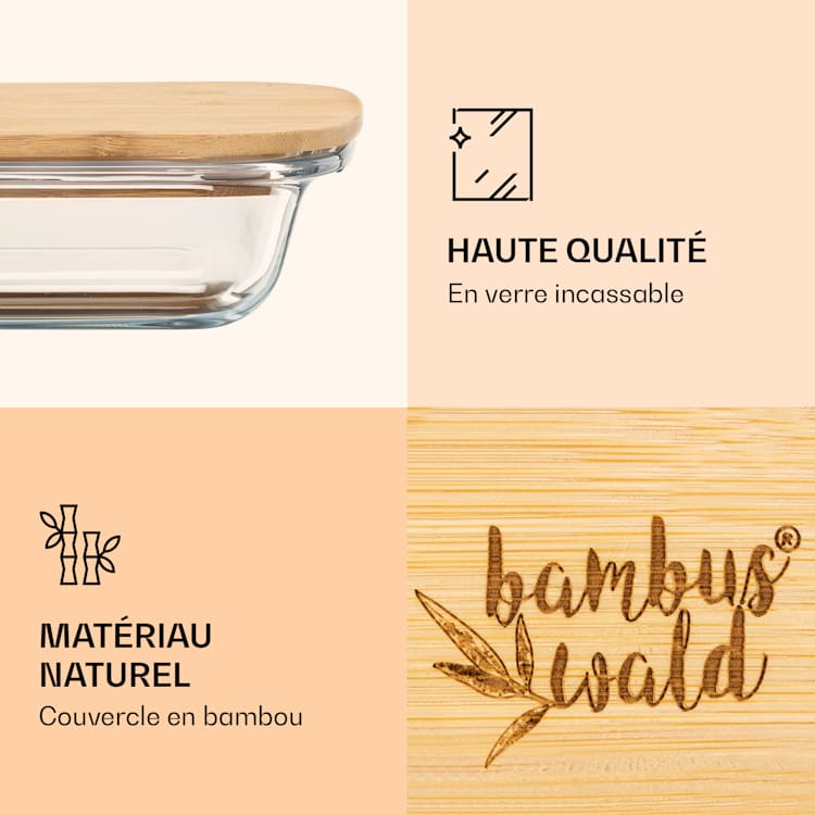 Boîte à charcuterie avec couvercle 1,6 litre Set de 2 verres Bambou résistant à la chaleur 1600 ml