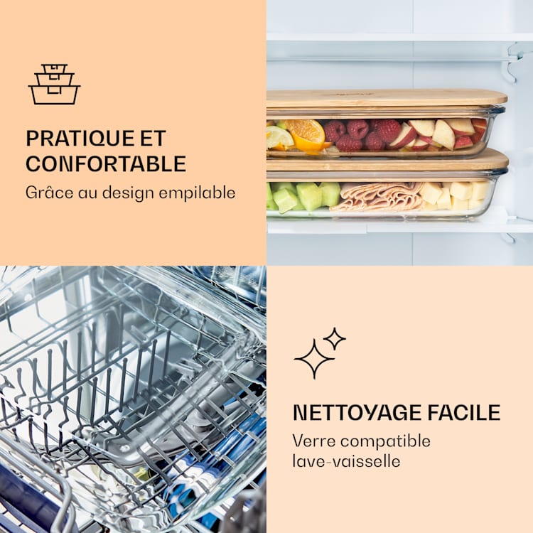 Boîte à charcuterie avec couvercle 1,6 litre Set de 2 verres Bambou résistant à la chaleur 1600 ml
