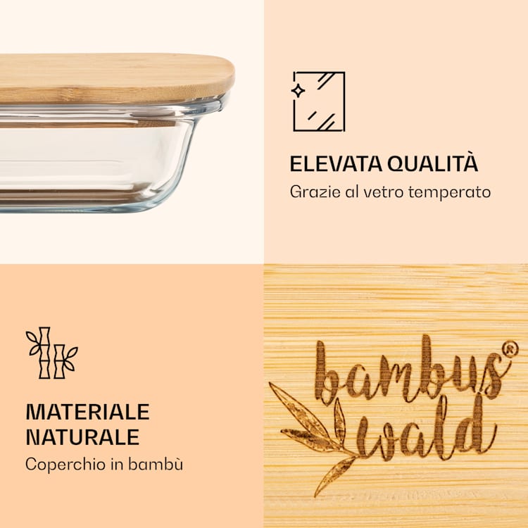 Contenitore per affettati con coperchio, 1,6 litri, set di 2 pezzi, in vetro resistente al calore e bambù 1600 ml