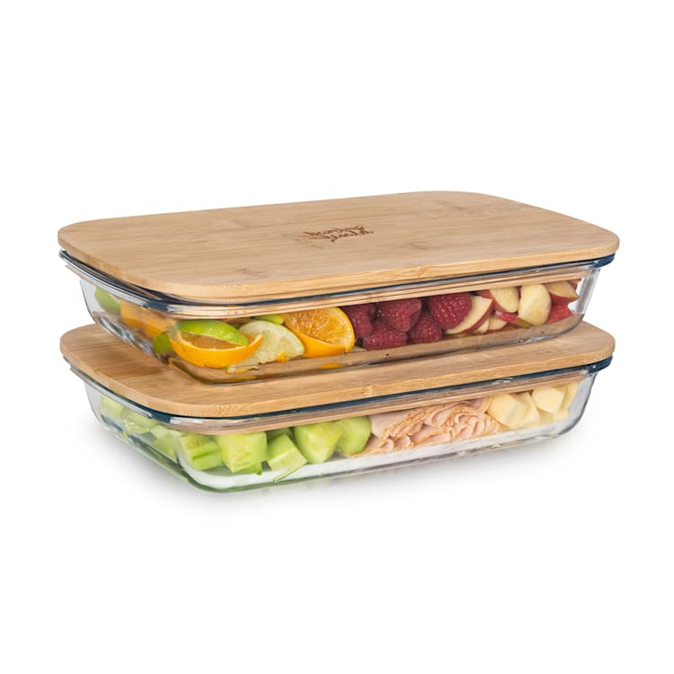 Cold Cut Box with Lid 1.6 Litre Set of 2 Glass Bamboo Heat Resistant 1600 ml