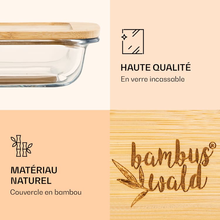 Boîte à charcuterie avec couvercle 1 litre Set de 2 verres Bambou résistant à la chaleur 1000 ml