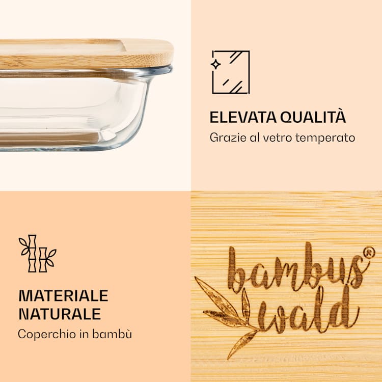 Contenitore per affettati con coperchio, 1 litro, set di 2 pezzi, in vetro resistente al calore e bambù 1000 ml