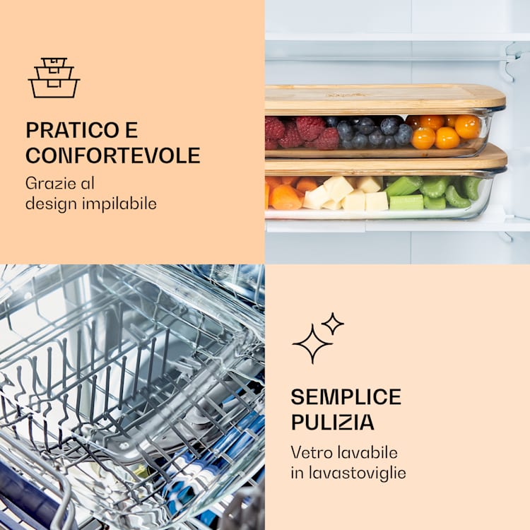 Contenitore per affettati con coperchio, 1 litro, set di 2 pezzi, in vetro resistente al calore e bambù 1000 ml