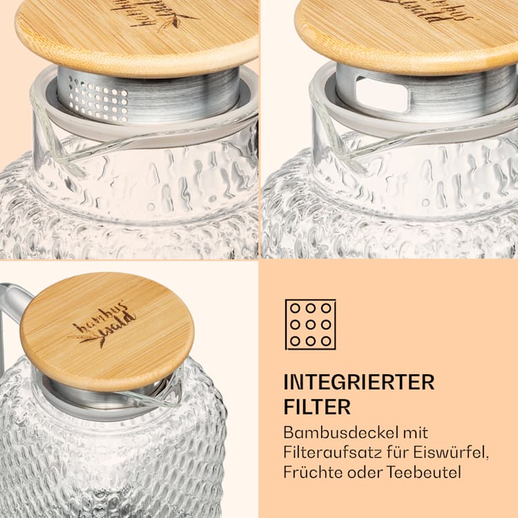 Karaffe Borosilikatglas Bambusdeckel Filteraufsatz Silikonring 1500 ml