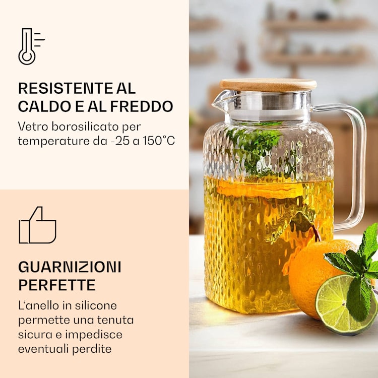 Caraffa in vetro borosilicato Coperchio di bambù Coperchio filtrante Anello in silicone 1500 ml