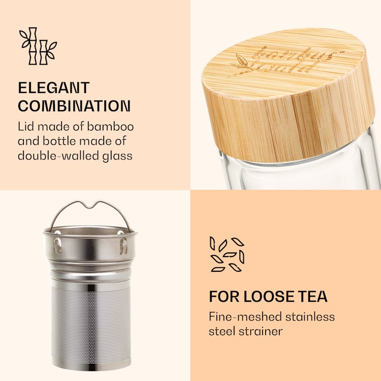 Butelka na herbatę z pokrywką i zaparzaczem, 500 ml, dwuścienna, szkło, bambus, etui
