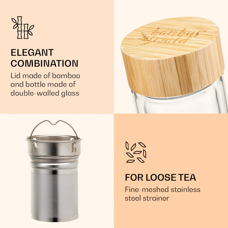 Tea bottle with lid and strainer 500 ml double-walled glass bamboo cover
