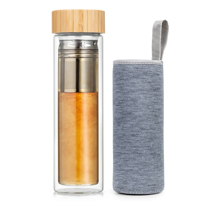 Botella de té con tapa y colador 500 ml tapa de bambú vidrio de doble pared con funda