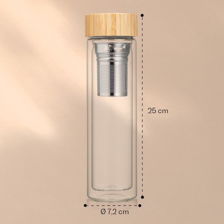 Botella de té con tapa y colador 500 ml tapa de bambú vidrio de doble pared con funda