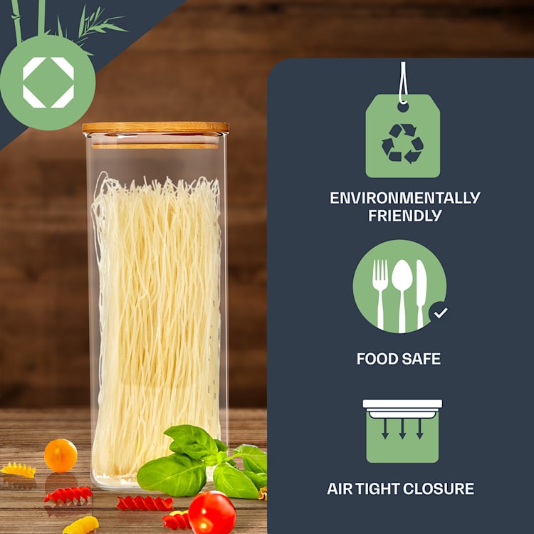 Recipient rotund pentru depozitarea alimentelor cu capac din bambus, set de 4, conține: 600 ml, 1000 ml, 1500 ml, 1800 ml