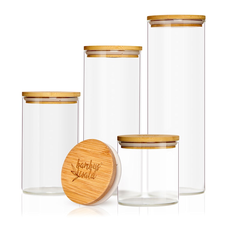 Recipient rotund pentru depozitarea alimentelor cu capac din bambus, set de 4, conține: 600 ml, 1000 ml, 1500 ml, 1800 ml