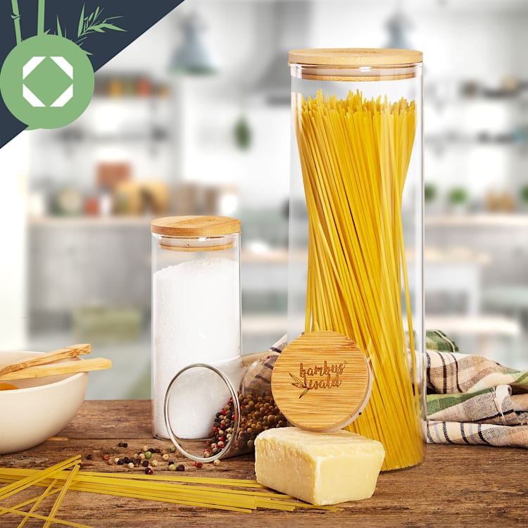 Recipient rotund pentru depozitarea alimentelor cu capac din bambus, set de 4, conține: 600 ml, 1000 ml, 1500 ml, 1800 ml