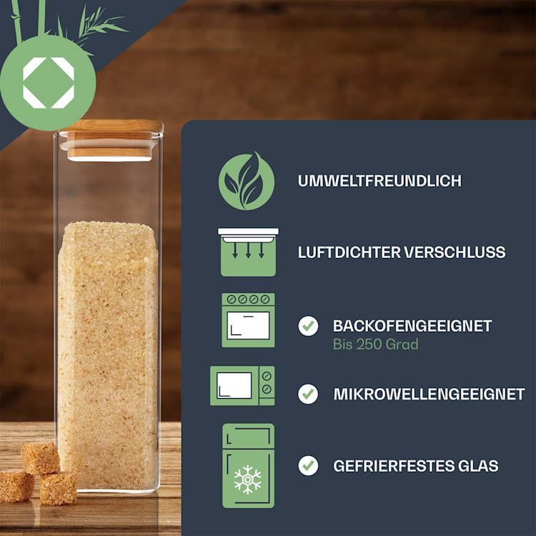 Eckiges Glas mit Bambusdeckel luftdicht mit Silikonring 10x25x10 cm 3x 2000 ml 2000 ml