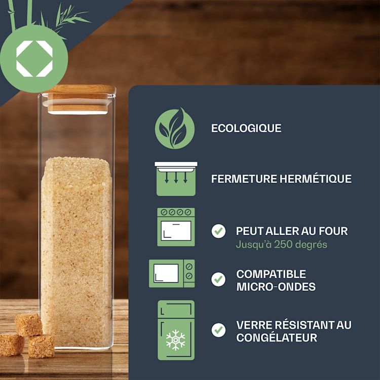 Bocal carré avec couvercle en bambou hermétique avec joint en silicone 10x25x10 cm 3 x 2000 ml 2000 ml