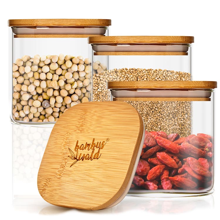 Vierkante pot met bamboe deksel luchtdicht met siliconen ring 10x10x10 cm 3 x 700 ml 700 ml