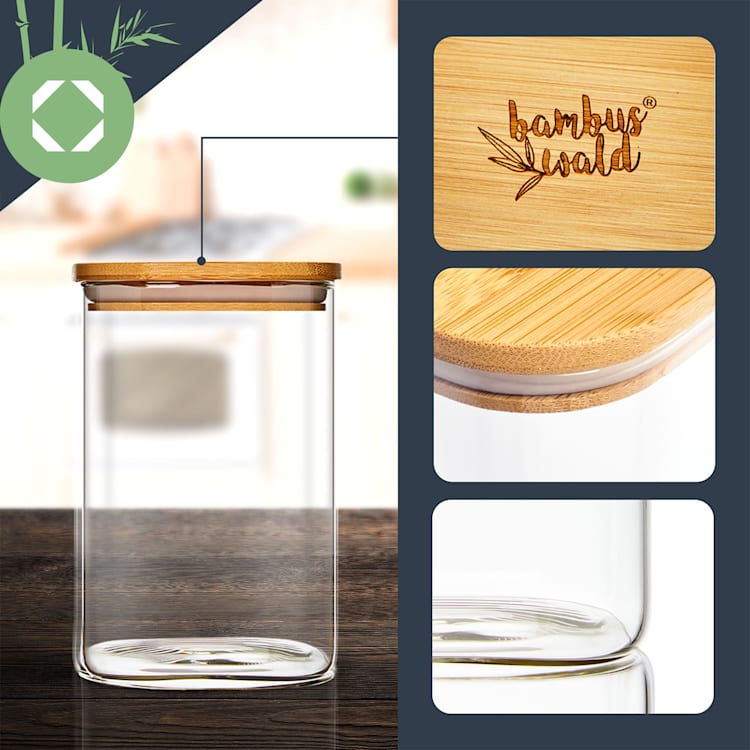 Vierkante pot met bamboe deksel luchtdicht met siliconen ring 10x10x10 cm 3 x 700 ml 700 ml