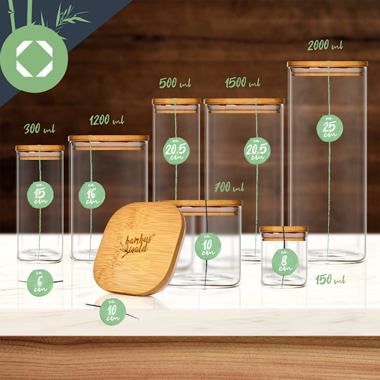 Vierkante pot met bamboe deksel luchtdicht met siliconen ring 10x10x10 cm 3 x 700 ml 700 ml