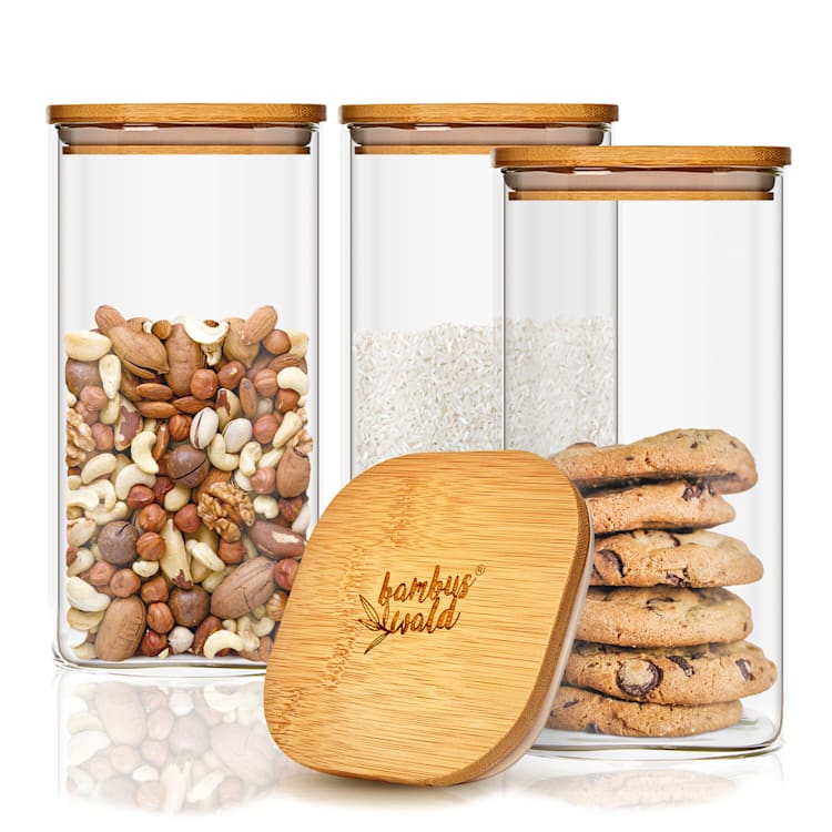 Hranatá nádoba na skladovanie potravín s bambusovým vrchnákom, vzduchotesná, so silikónovým tesnením, 6 × 25 × 6 cm, 3 × 500 ml 500 ml