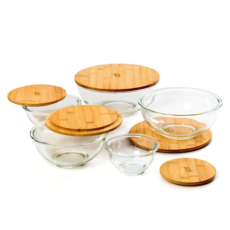 Glass bowl set of 5 bamboo lid lockable BPA free stackable 600 ml / 1000 ml / 1500 ml / 1800 ml