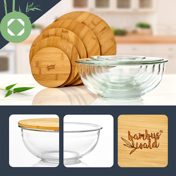 Glass bowl set of 5 bamboo lid lockable BPA free stackable 600 ml / 1000 ml / 1500 ml / 1800 ml