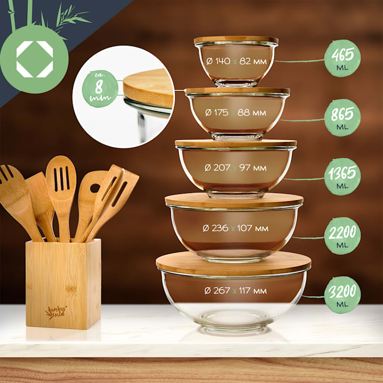 Glass bowl set of 5 bamboo lid lockable BPA free stackable 600 ml / 1000 ml / 1500 ml / 1800 ml