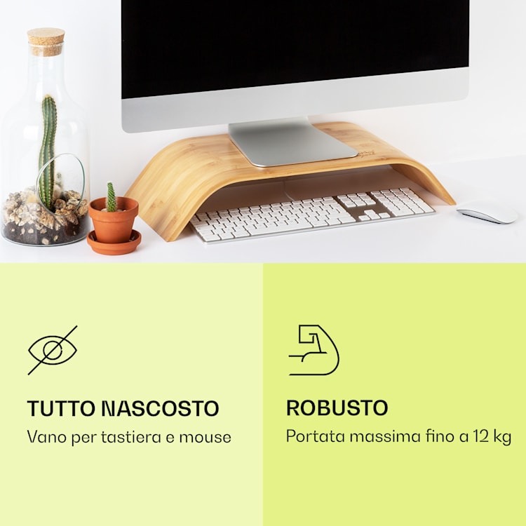 Appoggio di design per monitor, 52,5 x 10 x 24 cm, tollera carichi fino a 12 kg, per schermi fino a 12", bambù