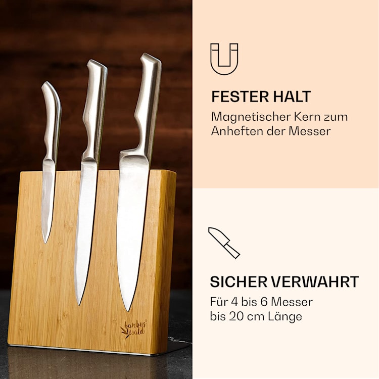 Messerblock schräg, magnetisch, für 4-6 Messer, Bambus, Edelstahl Schräg