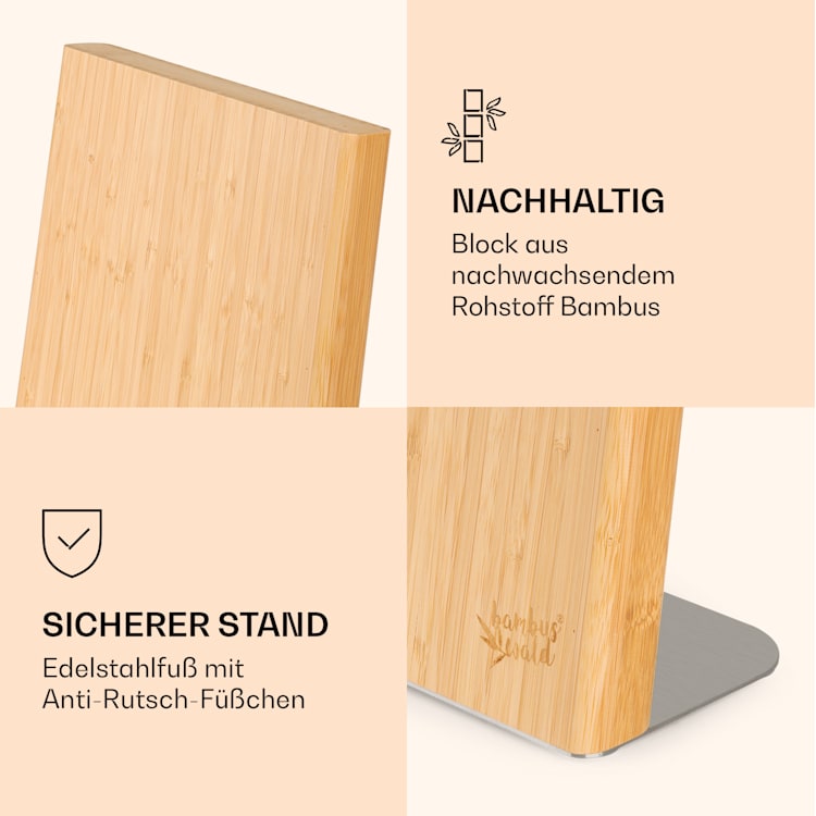 Messerblock schräg, magnetisch, für 4-6 Messer, Bambus, Edelstahl Schräg