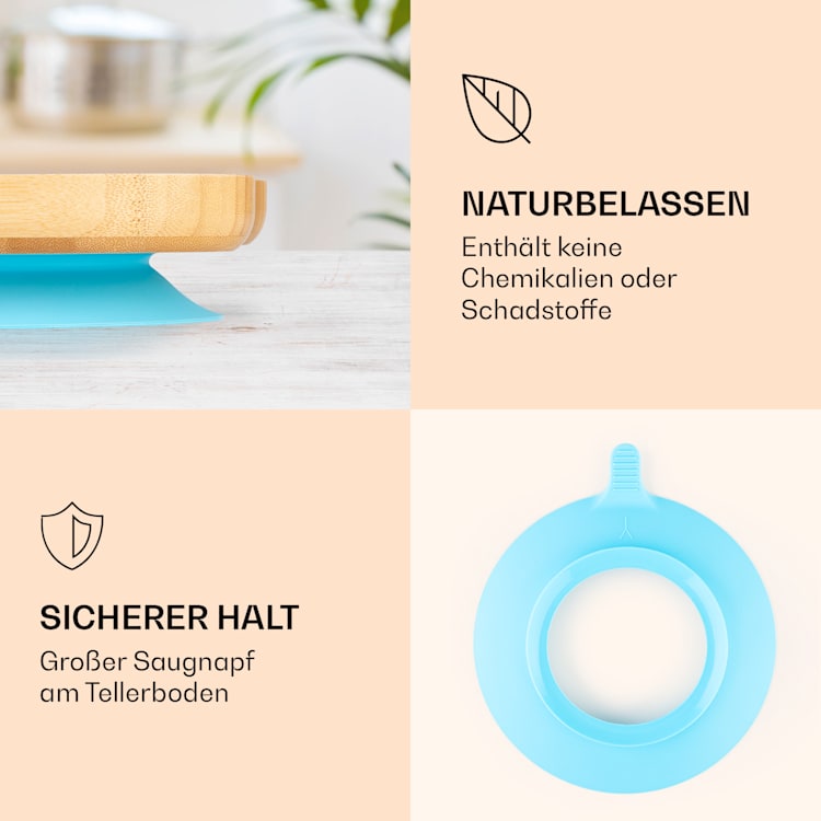 Kindergeschirr Bambusteller & Löffel 250 ml inkl. Saugnapf 18 x 18 cm Hase | Blau