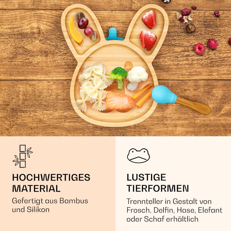 Kindergeschirr Bambusteller & Löffel 250 ml inkl. Saugnapf 18 x 18 cm Hase | Blau